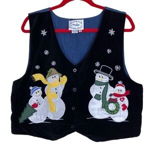 COUNTRY WEAR Vintage 90s Reversible Christmas Vest Snowman Print Velvet Sz 12
